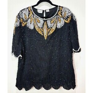 Vintage Denise Elle Beaded Sequin Top Womens 3X Gold Black Disco 80s Art Deco